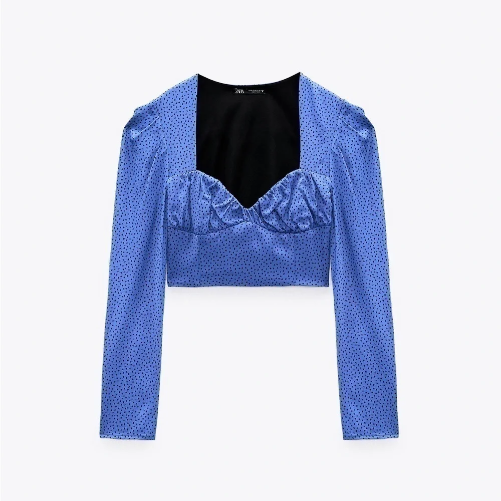 Zara Satin Blue Dot Cropped Long Sleeve Top ✨